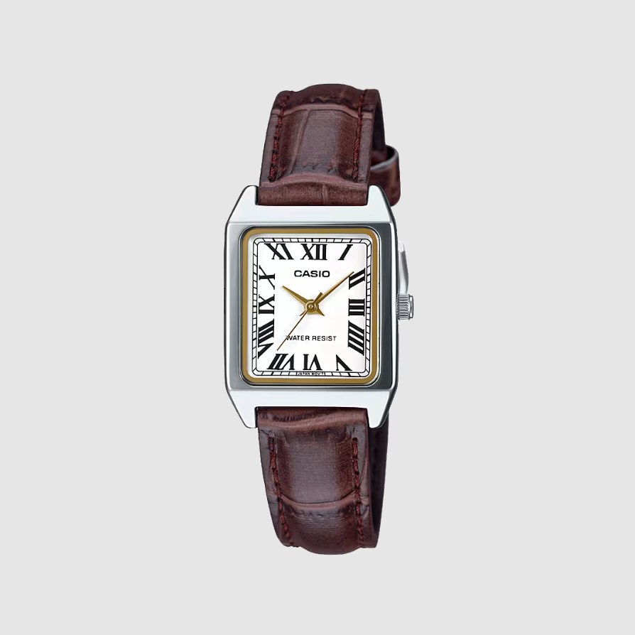 Casio LTP-V007L-7B2 Women's Rectangular Leather Strap White Roman Dial Dress Watch